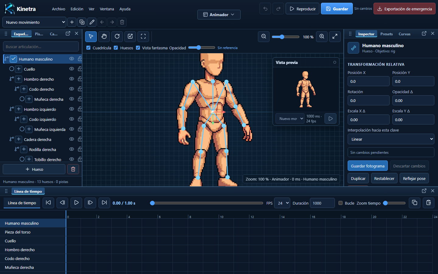 Editor Kinetra con un personaje articulado, paneles y línea de tiempo